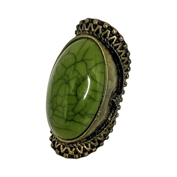 Green Glass Full Finger Brass Ring 6.5 Bohemian Ethnic Boho Chic - Picture 11 of 16